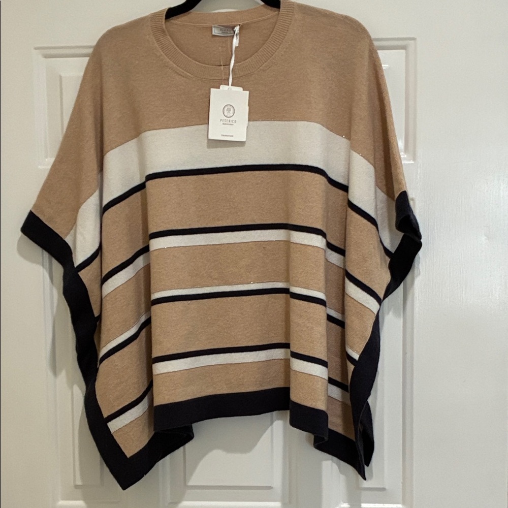 Peserico Striped tan/navy/cream chain trim wool/silk/cashmere cape